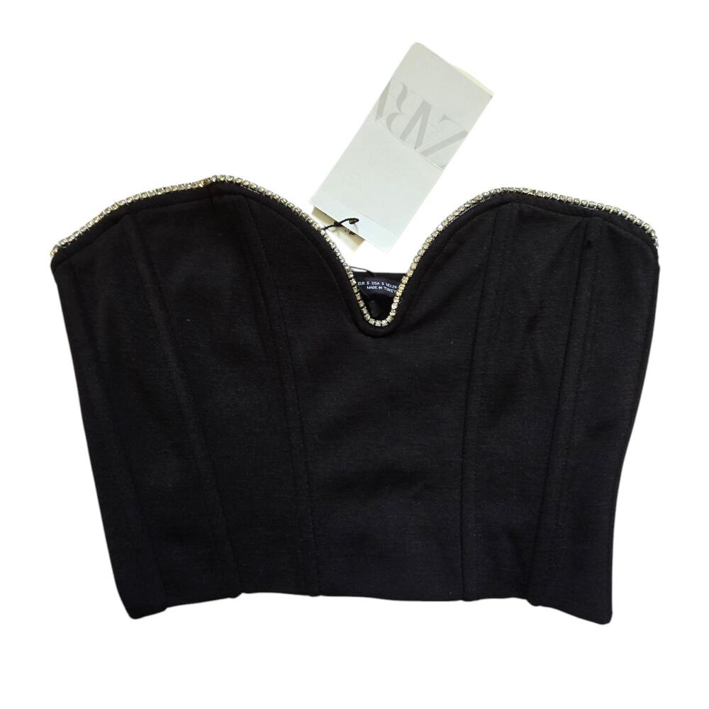 Zara NWT Satin Rhinestone Corset Crop Top Womens‎ SM Black New Clubwear Grunge